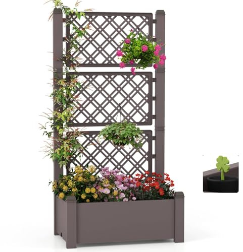 TANGZON Wooden Raised Garden Bed with Detachable 3-Height Trellis, Self-Watering Outdoor Planter Box with Water Level Indicator & Removable Space Dividers, Elevated Trough Planter Support Box (Coffee)