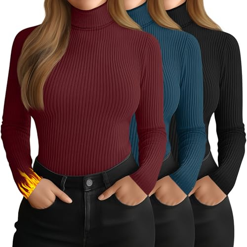 Ficerd Pack de 3 Camisetas Térmicas Mujer Tallas Grandes con Cuello Alto, Manga Larga, Caneladas, Ajustadas y Elásticas(Negro, Azul Marino, Rojo Vino,4XL)