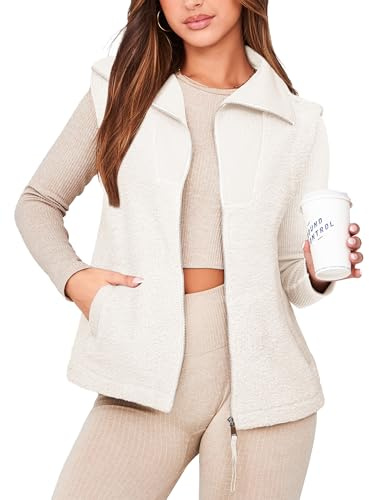 Glamaker Womens Fuzzy Fleece Vest Waistcoat Oversized Zip Up Winter Athletic Lightweight Cardigans with Pocket (Beige L)