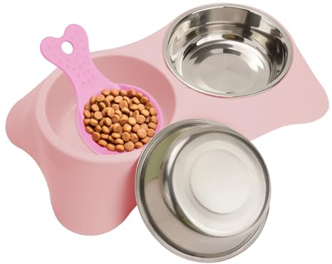 QUMENEY Doppia ciotola per cani in acciaio inox Double Bowls Set con 1 Pet Food Spoop antiscivolo rimovibile per gatti cani cani e acqua alimentazione (rosa)