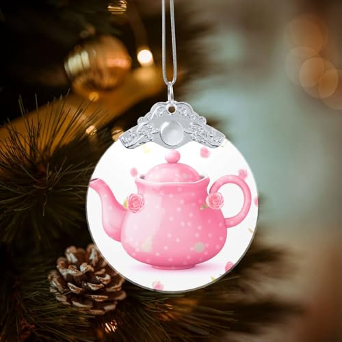 Teekanne Weihnachtsschmuck 2024 Geschenke Weihnachtsbaum Ornament Hängende Handwerk Andenken Weihnachten Hängende Ornament Silber Runde Glasornamente für Heimdekoration