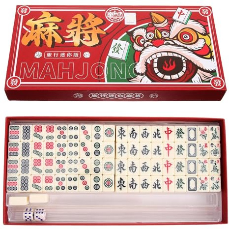 Mailfull Mini Mahjong Jeu de Majong Traditionnel Chinois Portable Les Voyages Jeux de Société Adapté aux Jeux de Famille Réunions Fêtes d'amis(Style de Danse du Lion)
