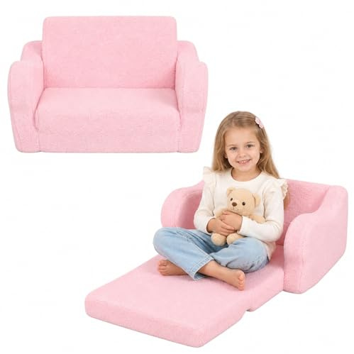 BestRoyal Comfy Toddler Chair, 2-in-1 Toddler Couch Fold Out, Kids Sofa Bed for Boys & Girls, Pink