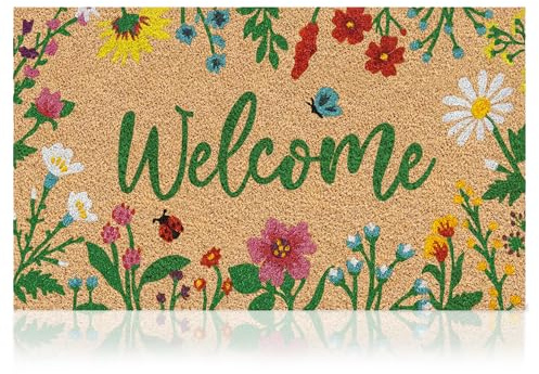 Floral - 17x29 - Coir Door Mat with Heavy Duty Backing - Welcome Mats for Entryway, Porch - Anti-Slip PVC & Coconut Fiber Surface -Natural Home Accessories,Minimalist Original Design