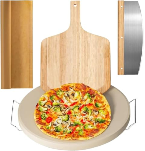 Pizza Stone 1 Set Large Pizza Stone,Heavy Duty 16 for Oven and Grill with Handle Rack, Peel