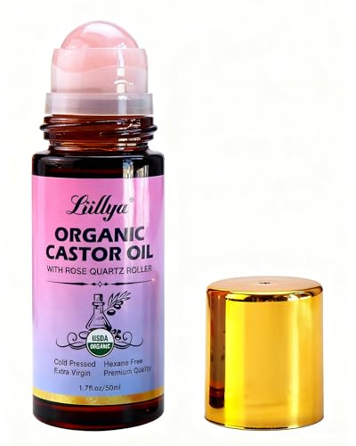Liillya Olio di ricino Bio Roll-On con quarzo rosa – 100% puro, pressato a freddo, senza esano, idratante naturale per viso, corpo, capelli, ciglia e sopracciglia, flacone in vetro ambrato, 50 ml