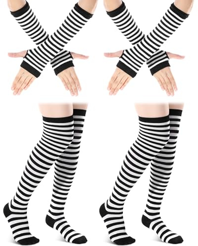 Zimocepuz Calcetines Raya Negra y Blanca, Guantes y Mangas en diseño negro y blanco a rayas, Guantes a rayas para mujeres y niñas, Juego de fiesta para vacaciones