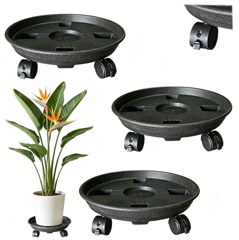 eupdd Sottovaso con Ruote: 3 Pezzi 30cm Rullo per Piante, Base con Ruote per Vasi con Freno per Interni ed Esterni per Balcone Giardino