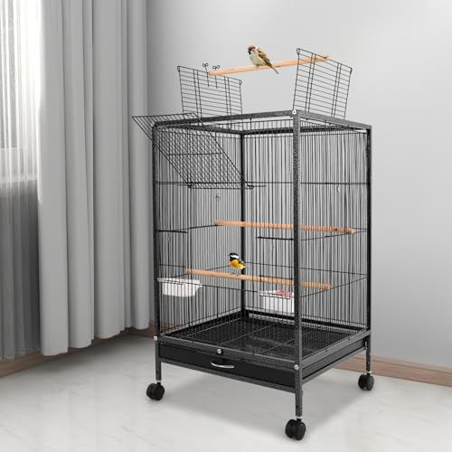 Birdcage - Jaula de metal para pájaros, jaula para loros, se puede abrir hacia arriba, jaula con ruedas, comedero y bandeja, para loros, gorriones y varios pájaros pequeños o medianos (negro)