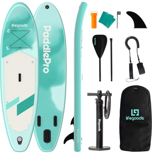 LifeGoods Paddle Gonflable Adulte - Stand Up Paddle Board - Set Complet - Pagaie Réglable - Pompe Incluse - Max. 100KG - 300x76x15cm