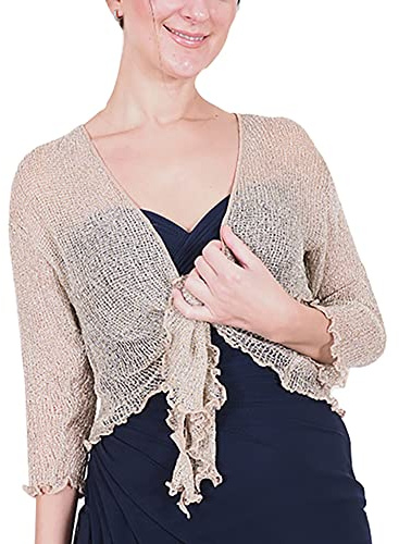 Mimosa Señoras Mujeres Crochet Bolero Brillo y Liso de Encaje Elastico Cardigan Abierto (Talla única, Taupe/Silver)