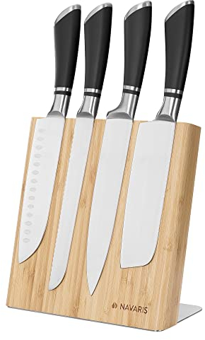 Navaris Porta Coltelli da Cucina Magnetico - Ceppo Portacoltelli Utensili Universale 23x22,5cm Tavoletta Magnetica Salvaspazio Legno Marrone - bambù