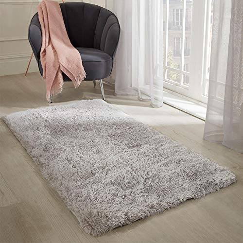 Sienna Small Rug for Bedroom, Silver Grey Fluffy Shaggy Rugs for Living Room Thick Pile Non-Shedding Bedside Rugs Super Soft Anti-Slip Floor Carpet, 80 x 150cm