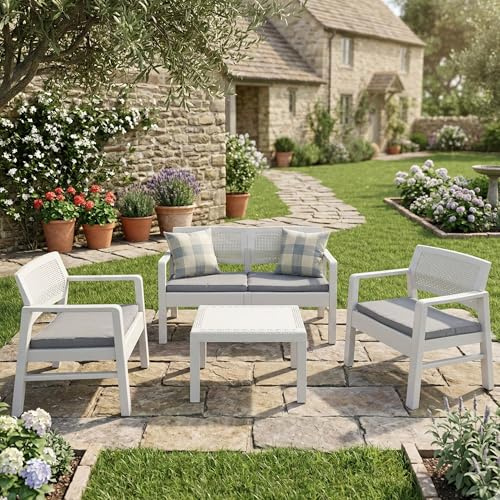 Dmora - Set Salotto da Esterno Carpi, Composizione da Giardino con 2 poltrone, 1 Divano ed 1 tavolino, Salottino Effetto Rattan con Cuscini, 100% Made in Italy, Bianco