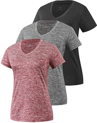 Star Vibe 3 Pack Women's Short Sleeve Dry Fit T-Shirts Moisture Wicking Athletic V-Neck Gym Tee Exercise Yoga Tops Black/Gray/Wine M