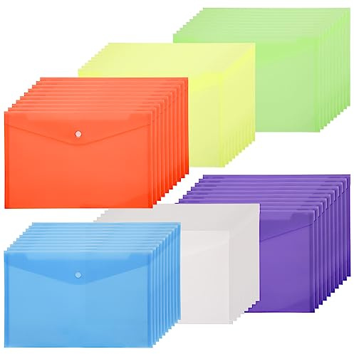 GOYADA Lot 60 Pochette Plastique A5, Pochette à Bouton Pression, Pochettes Transparente A5 pour Rangement Documents et Enveloppes, 6 Couleurs