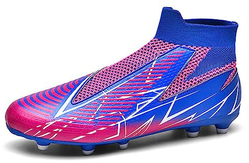 Hixingo Football Boots Kids Boys Mens High Top Spikes Outdoor Soccer Shoes Laceless Sneakers Competition Training Shoes Cleats Professional Athletics Elastic Football Boots Blue