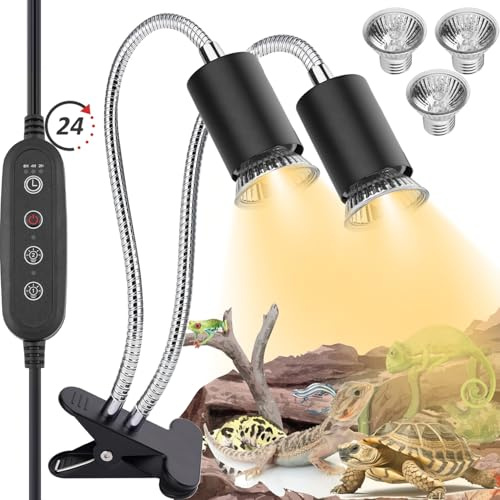 ZJNBMTFY Reptile Heat Lamp,Double-Head Heating Lamp for Reptiles, UVA/B Turtle Lamp with Clamp, Separate Control, Turtle Light,Basking Light for Reptiles Bearded Dragon Turtle Snake, 3 Basking Bulbs.