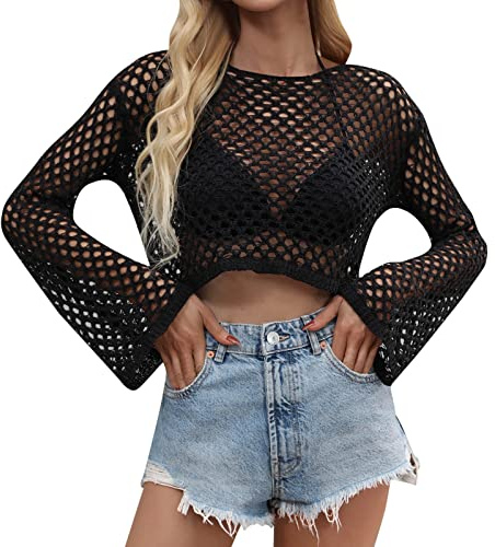 Haut Femme Sexy Crochet- Pull Femme Col Rond,Top Creux Out Pullover Tricot Voir à Travers T-Shirt Manches Cloches Y2K Streetwear Transparent de Plage Court Chemise Couleur Unie Blouse Cover Up