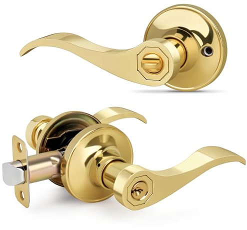 LOQRON Manija de puerta estilo onda, manija de puerta de entrada con llave y cerradura, manija de entrada dorada reversible para zurdos y diestros para puerta delantera o de oficina con acabado de