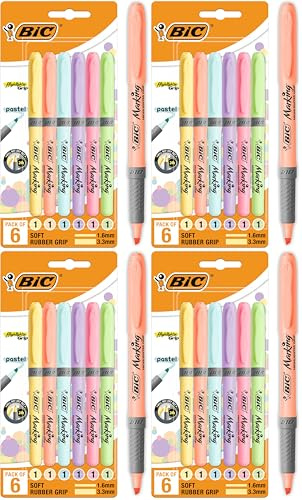 Bic Highlighter Grip Pastel, Highlighter Pens with Adjustable Chisel Tip, Rubber Grip for Extra Comfort, Assorted Colours, Pack of 24