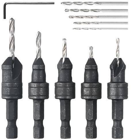 Juego de Brocas de 5 Piezas, Broca Avellanadora Madera con bisel de 82°, broca avellanadora madera HSS con llave en L, broca avellanadora para tornillos #5, 6, 8, 10, 12