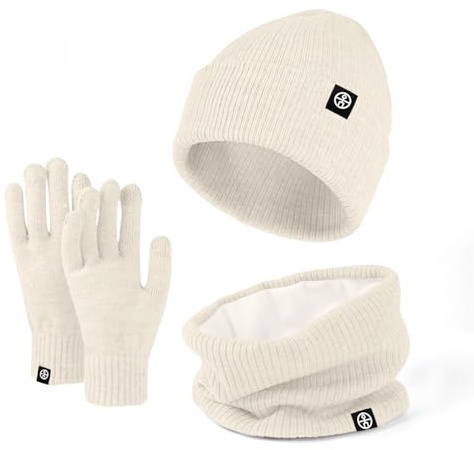 Enwokran 3 In1 Winter Beanie Hat Scarf Gloves Set Thermal Warm Knitted Beanie Cap Soft Fleece Brushed Inner Lining Elastic Circle Neck Warmer Thicken Touchscreen Gloves Winter Set (Off White)