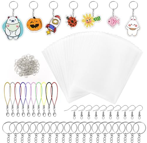 Draupnir 165 Stück Schrumpffolien Set, 25 Stück Blank Schrumpffolie mit 20 Schlüsselanhänger, 10 Ohrhaken, 10 Hummerverschlüsse, 100 Offen Biegeringe Basteln Set für DIY Dekorationen