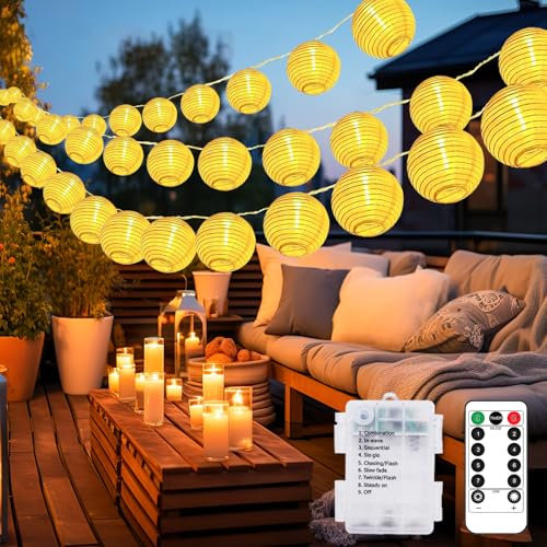 btfarm Lichterkette Batterie Lampions mit Fernbedienung, 6.5M 15 LED Lampions Wasserdicht mit Timer, 8 Modi Wasserdicht Lampion Batterie für Balkon Hochzeit Party Hof Innen Deko