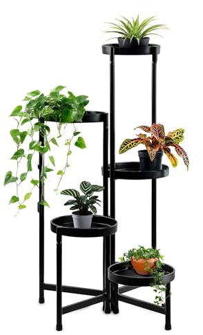Spetebo Växtstativ i metall med 5 våningar – 80 x 47 cm – blomhylla kan fällas ut i svart – blomtrappa, växtställ, växtpall, blompall, vikbar