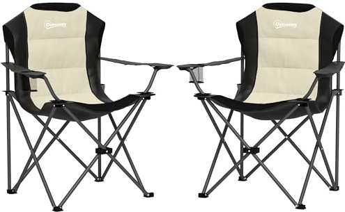 Outsunny Conjunto de 2 Sillas Plegables Camping con Respaldo Alto Sillas de Camping Portátil Acolchado con Reposabrazos Portavasos y Bolsas de Transporte para Acampada Jardín Terraza Crema y Negro