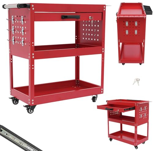 DHQCQL Armoire à outils mobile en métal - Servante d'atelier - 3 compartiments - Tiroirs et clés - Jusqu'à 250 kg (rouge)