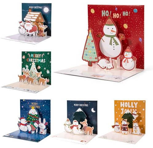 3D Carte de Vœux Noel avec Enveloppes 6 Pièces Pop Up Cartes de Noël Cartes de Noël Faites Maison avec Enveloppes et Autocollants pour Enfants Amis Famille