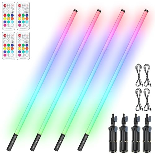 4 Pack LED Tube Light, 4ft RGB Light Tube with Stand, Handheld DJ Stage Lights Bar for Party, 500 Effects, Music Sync/Dynamic/Static Modes, 5000mAh Rechargeable Battery