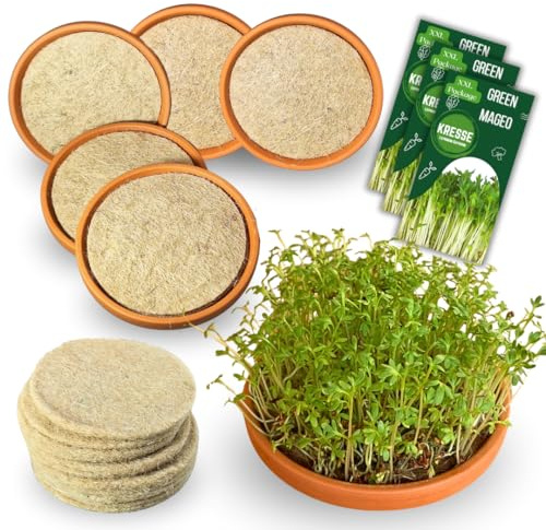 Set da coltivazione XXL Green MaGeo Crescione – 5 ciotole da coltivazione con 10 tappetini di iuta e 3 maxi confezioni di semi di crescione, ideali per la coltivazione di crescioni e come set di