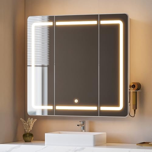 Hzuaneri Bathroom Mirror Cabinet with Dimmable Led Light, White