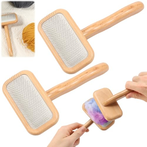 BUTORY Lot de 2 brosses à carder en bois de cardage en laine, polyvalentes, avec manche en bois de hêtre, peigne pour chien pour feutrage de laine