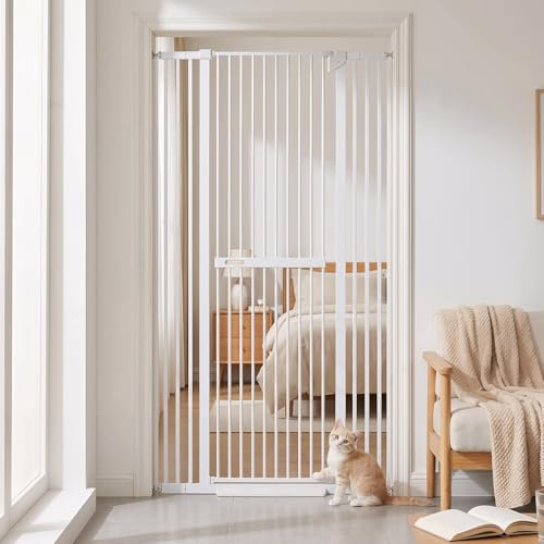 180cm/70.9in Extra Tall Pet Gate, 76cm-106cm Wide Pressure Mounted Cat Dog Fence with 2 Extension Kits, Lockable Small Door, used to Restrict Access to Pets and Bbies (White, 180 CM)