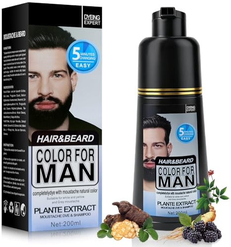 Tinte negro para bigote y barba para hombre, 100% eliminado gris instantáneo para bigote, barba y cabello, color 3 en 1, champú y acondicionador (Negro)