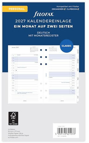 Filofax Inserto per calendario personale, 1 mese su 2 pagine, con linguette in tedesco 2027