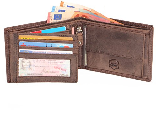 ALMADIH Leder Portemonnaie querformat RFID Schutz 11 Kartenfächer Münzfach Rindsleder Geschenkbox P1Q-BV Herren Börse Geldbörse Geldbeutel Portmonee Brieftasche Herrenbörse Unisex braun (P1Q Vintage)