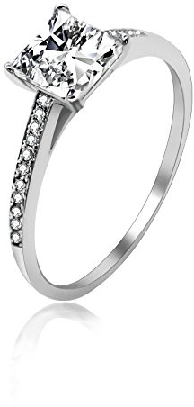 Uloveido 4-Prong Set 2g Princess Brilliant Cut Simulated Diamond CZ Solitaire Engagement Promise Ring Rhodium Plated 925 Sterling Silver Size O LJ078