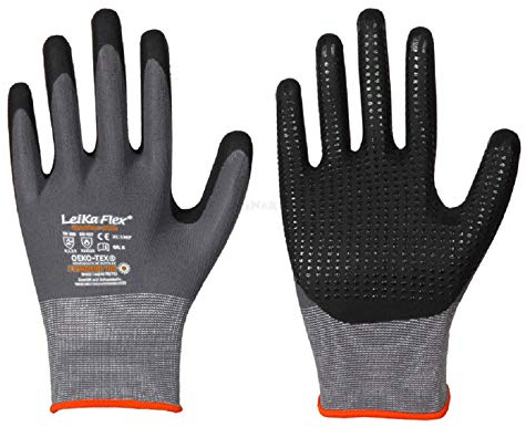 1 Paar LeiKaFlex® Feinstrick-Handschuhe mit Nitril-Foam-Beschichtung + Noppen grau/schwarz Größe 7