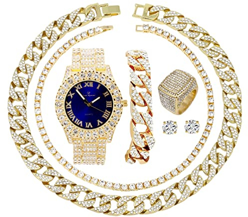 Entièrement glacé pour homme Cadran coloré avec chiffres romains, bracelet à chaîne cubain, collier cubain, chaîne et bague de tennis – ST10327CRNT, Doré - Bleu roi, 12, ST10327CRNT