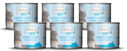 MjAMjAM - nourriture humide premium pour chats - canard sauvage blanchi avec potiron cuit à la vapeur en sauce, paquet de 6 (6 x 185 g), sans céréales avec supplément de viande