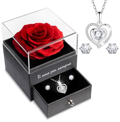 Sunia Rosa Stabilizzata Regalo Donna, Rosa Eterna con Collana Argento 925 Donna con cuore e Orecchini, Ti Amo per Sempre, Regalo Mamma Nonna Fidanzata Compleanno Natale San Valentino Anniversario