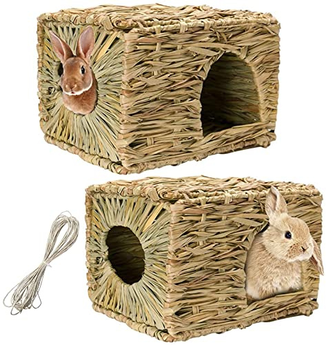 Hamiledyi 2PCS Large Grass House for Rabbit, Edible Bunny Hut Natural Grass Woven Foldable Pet Play Hideaway Hay Mat Chew Toys for Guinea Pig Hamster Chinchilla 14.5x11.4x10.2 inches