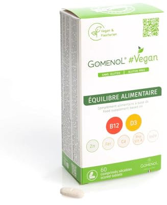 GOMENOL Vegan | B12 25 µg 1000% VNR et D3 végétale 25 µg | Fer et Zinc bisglycinates | Iode, Calcium | Énergie, Immunité, Os | 60 comprimés | Sans gluten | Vegan & Végétarien