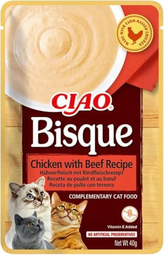 INABA Ciao Bisque, Cibo Umido per Gatti al Pollo e Manzo, 1x40g | Crema Densa in Stile Bisque, Snack Umido, Delizioso, Topper e Contorno per il Cibo, Ingredienti Premium, Poche Calorie