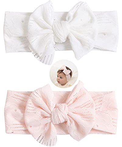 2 Stück Baby Haarband,Nylon Elastisches Turban Stirnbänder, mit Bögen Kinder Haarschmuck,für Kinder Kleinkinder Säuglinge Neugeborene,Weiß, Rosa